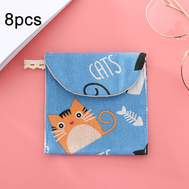 8 sacs de rangement pour serviettes hygiéniques en coton et lin, pochette pratique, arbre blanc à fond noir, chameau gris, chat porte-bonheur, feuilles, chat bleu, tortue