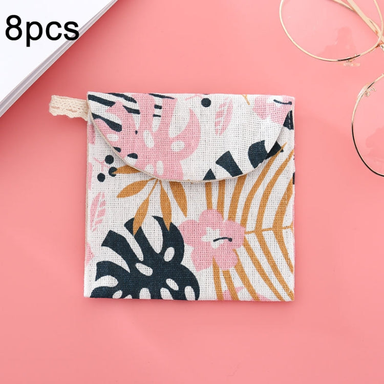 8 sacs de rangement pour serviettes hygiéniques en coton et lin, pochette pratique, arbre blanc à fond noir, chameau gris, chat porte-bonheur, feuilles, chat bleu, tortue