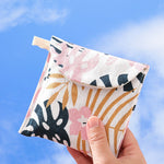 8 sacs de rangement pour serviettes hygiéniques en coton et lin, pochette pratique, arbre blanc à fond noir, chameau gris, chat porte-bonheur, feuilles, chat bleu, tortue