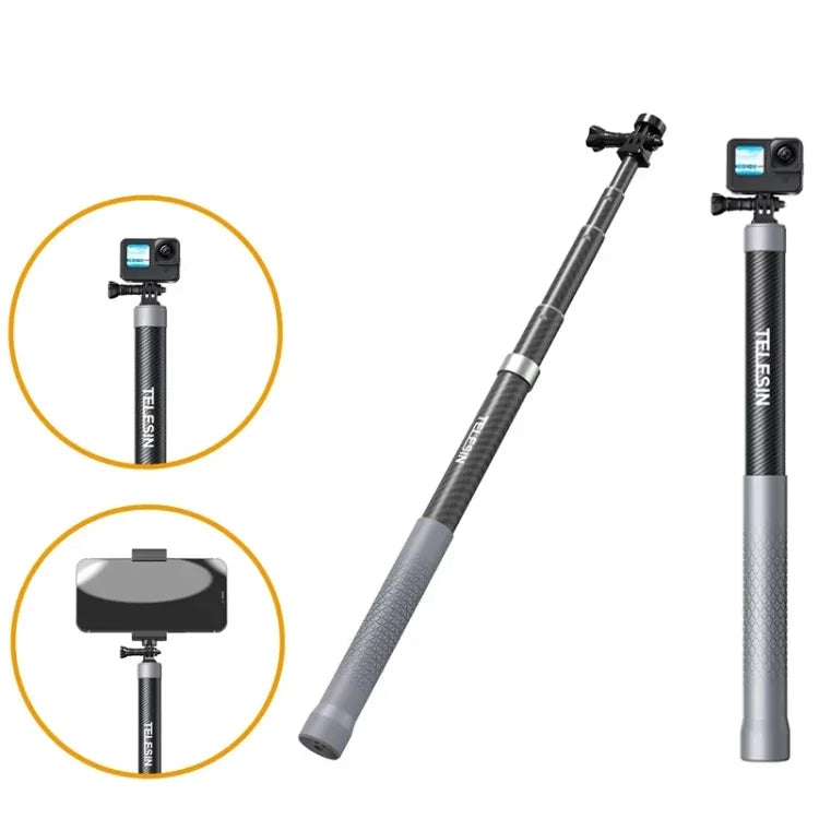 Perche à selfie monopode TELESIN en fibre de carbone de 1,2 m avec vis 1/4 pour caméras d'action, 1,2 m