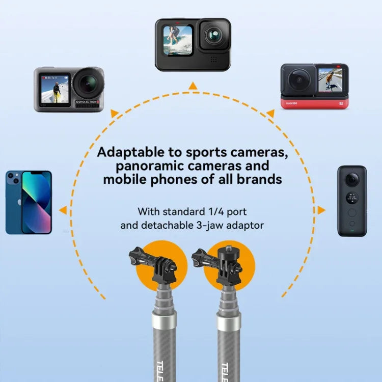 Perche à selfie monopode TELESIN en fibre de carbone de 1,2 m avec vis 1/4 pour caméras d'action, 1,2 m