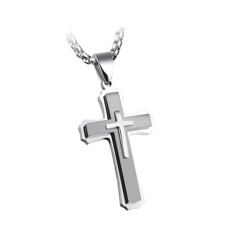 1213 Collier croix triple couche en acier titane pour hommes, Pendentif couleur acier + chaîne de perles 3x55cm, Pendentif noir + chaîne de perles 3x55cm, Pendentif or + chaîne de perles 3x55cm