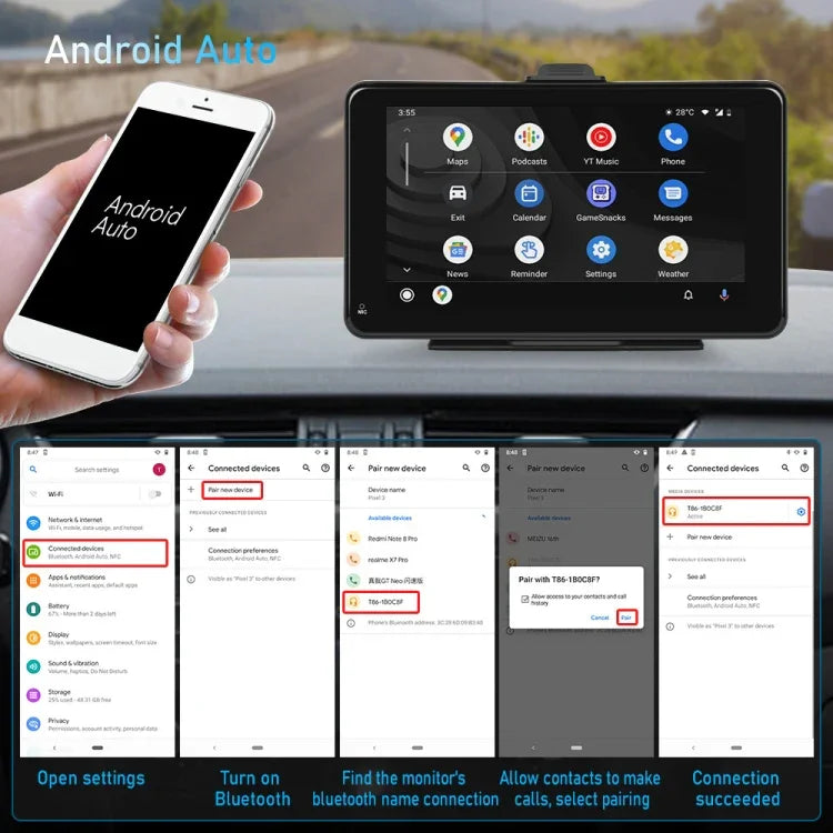 A3135 Écran intelligent filaire HD de 7 pouces avec CarPlay sans fil + Android Auto + Android, sans caméra, avec caméra