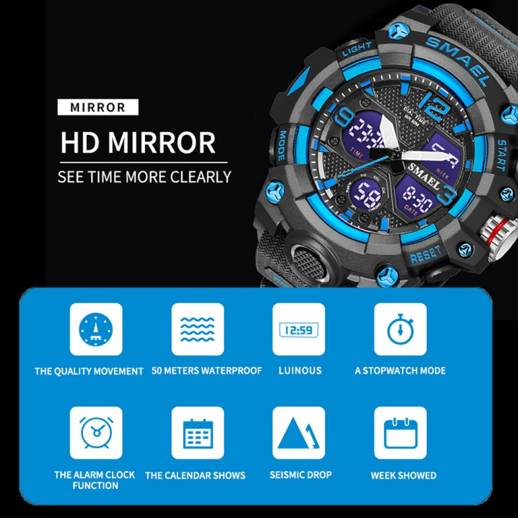 Montre homme sportive multifonctionnelle étanche lumineuse SMAEL 8008 pour extérieur, rouge, noir, orange, vert fluorescent, bleu foncé, vert herbe, noir or, rose or, noir bleu