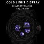 Montre homme sportive multifonctionnelle étanche lumineuse SMAEL 8008 pour extérieur, rouge, noir, orange, vert fluorescent, bleu foncé, vert herbe, noir or, rose or, noir bleu