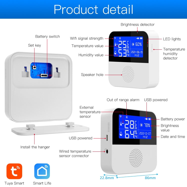 Capteur de Température et d'Humidité WIFI Tuya avec Écran LCD 2,9 pouces, Spécifications : Capteur Seul, Avec Fil de Détection