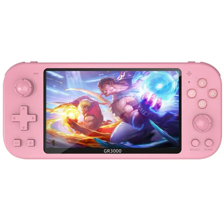 Console de jeu portable RG3000 avec double poignée, disponible en rose, gris, violet, vert et jaune.