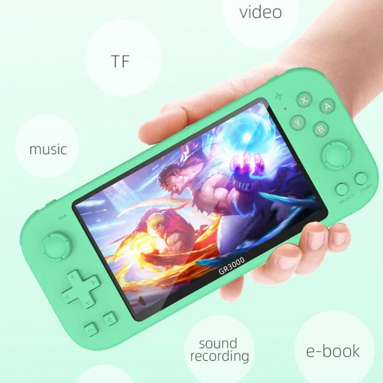 Console de jeu portable RG3000 avec double poignée, disponible en rose, gris, violet, vert et jaune.