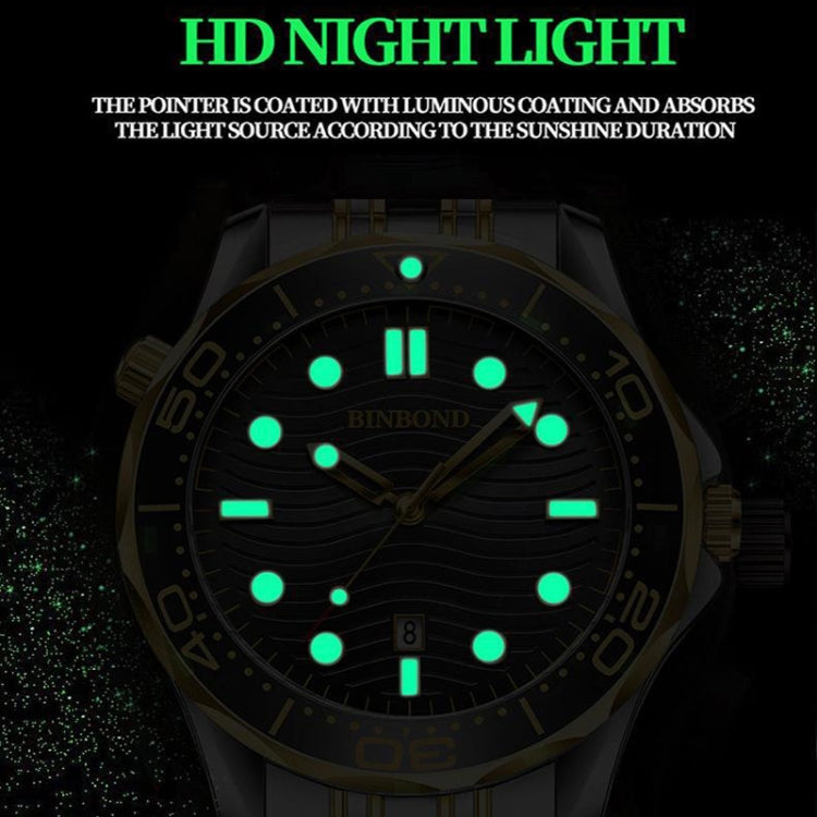 Montre quartz sportive étanche lumineuse 30m BINBOND B2820 pour homme, acier blanc surface noire, acier blanc surface blanche, acier blanc surface bleue, or intermédiaire surface noire, or intermédiaire surface bleue, acier noir surface noire blanche