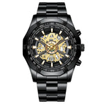 Montre à quartz lumineuse étanche BINBOND S033 à boîtier évidé, en acier noir-noir-or, acier noir-noir-or rose, tout or-noir-or, acier bleu-bleu