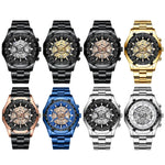 Montre à quartz lumineuse étanche BINBOND S033 à boîtier évidé, en acier noir-noir-or, acier noir-noir-or rose, tout or-noir-or, acier bleu-bleu