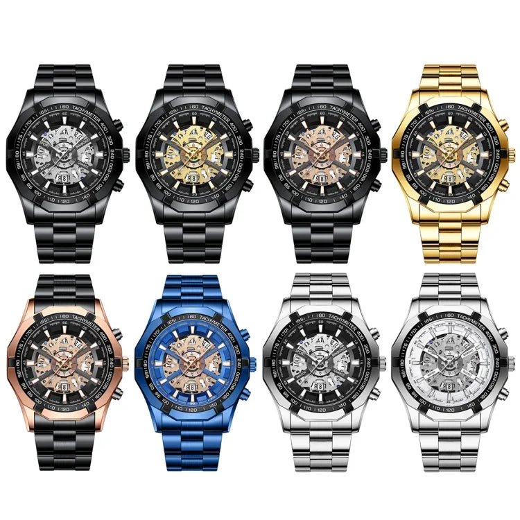 Montre à quartz lumineuse étanche BINBOND S033 à boîtier évidé, en acier noir-noir-or, acier noir-noir-or rose, tout or-noir-or, acier bleu-bleu