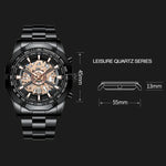 Montre à quartz lumineuse étanche BINBOND S033 à boîtier évidé, en acier noir-noir-or, acier noir-noir-or rose, tout or-noir-or, acier bleu-bleu