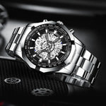 Montre à quartz lumineuse étanche BINBOND S033 à boîtier évidé, en acier noir-noir-or, acier noir-noir-or rose, tout or-noir-or, acier bleu-bleu