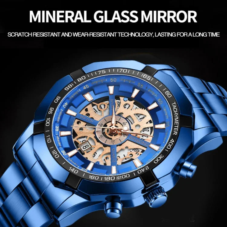 Montre à quartz lumineuse étanche BINBOND S033 à boîtier évidé, en acier noir-noir-or, acier noir-noir-or rose, tout or-noir-or, acier bleu-bleu