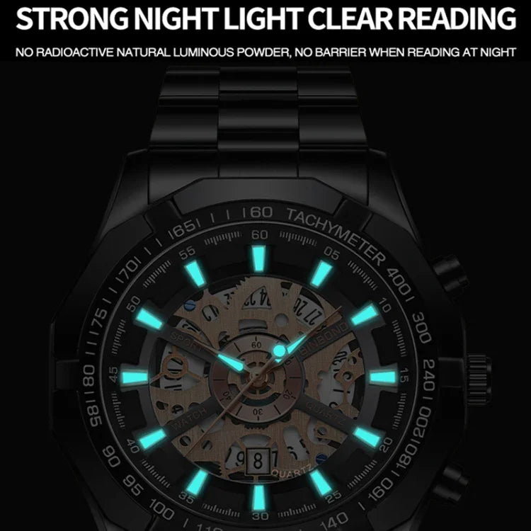 Montre à quartz lumineuse étanche BINBOND S033 à boîtier évidé, en acier noir-noir-or, acier noir-noir-or rose, tout or-noir-or, acier bleu-bleu