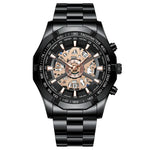 Montre à quartz lumineuse étanche BINBOND S033 à boîtier évidé, en acier noir-noir-or, acier noir-noir-or rose, tout or-noir-or, acier bleu-bleu