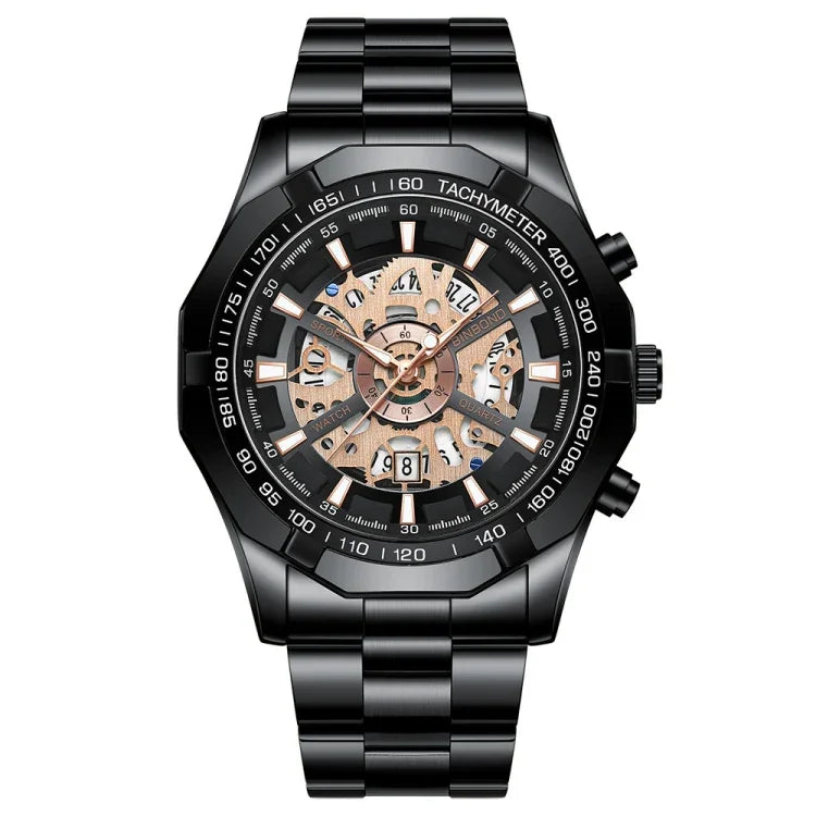 Montre à quartz lumineuse étanche BINBOND S033 à boîtier évidé, en acier noir-noir-or, acier noir-noir-or rose, tout or-noir-or, acier bleu-bleu