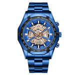 Montre à quartz lumineuse étanche BINBOND S033 à boîtier évidé, en acier noir-noir-or, acier noir-noir-or rose, tout or-noir-or, acier bleu-bleu