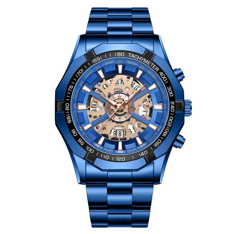 Montre à quartz lumineuse étanche BINBOND S033 à boîtier évidé, en acier noir-noir-or, acier noir-noir-or rose, tout or-noir-or, acier bleu-bleu