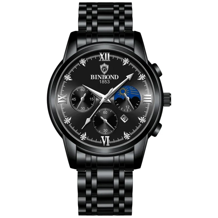 BINBOND B3591 Montre Homme Lumineuse Étanche 30m avec Calendrier, Acier Noir-Noir, Cuir Noir-Blanc-Noir, Cuir Marron-Blanc-Blanc