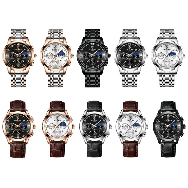 BINBOND B3591 Montre Homme Lumineuse Étanche 30m avec Calendrier, Acier Noir-Noir, Cuir Noir-Blanc-Noir, Cuir Marron-Blanc-Blanc