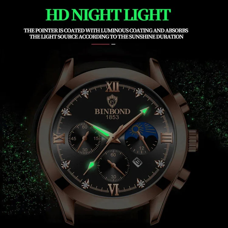 BINBOND B3591 Montre Homme Lumineuse Étanche 30m avec Calendrier, Acier Noir-Noir, Cuir Noir-Blanc-Noir, Cuir Marron-Blanc-Blanc