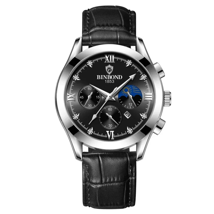 BINBOND B3591 Montre Homme Lumineuse Étanche 30m avec Calendrier, Acier Noir-Noir, Cuir Noir-Blanc-Noir, Cuir Marron-Blanc-Blanc