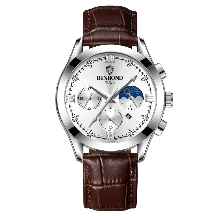 BINBOND B3591 Montre Homme Lumineuse Étanche 30m avec Calendrier, Acier Noir-Noir, Cuir Noir-Blanc-Noir, Cuir Marron-Blanc-Blanc