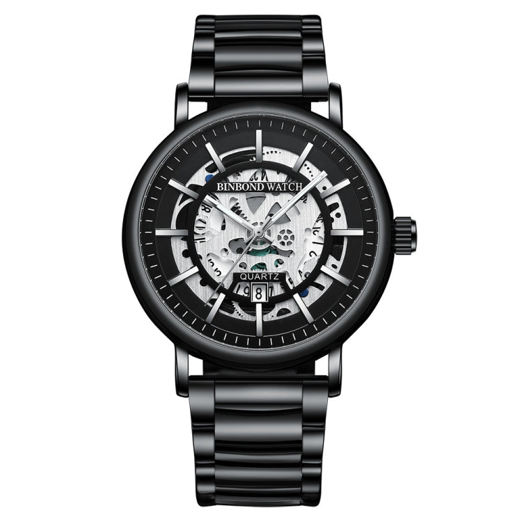 Montre multifonction à quartz étanche avec cadran creux lumineux BINBOND B7872, acier noir-noir-blanc, acier blanc-noir-blanc, or complet-noir-or, cuir noir-noir-noir, cuir noir-blanc-noir, cuir noir-or complet-noir