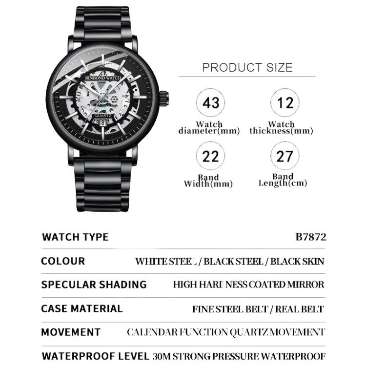 Montre multifonction à quartz étanche avec cadran creux lumineux BINBOND B7872, acier noir-noir-blanc, acier blanc-noir-blanc, or complet-noir-or, cuir noir-noir-noir, cuir noir-blanc-noir, cuir noir-or complet-noir