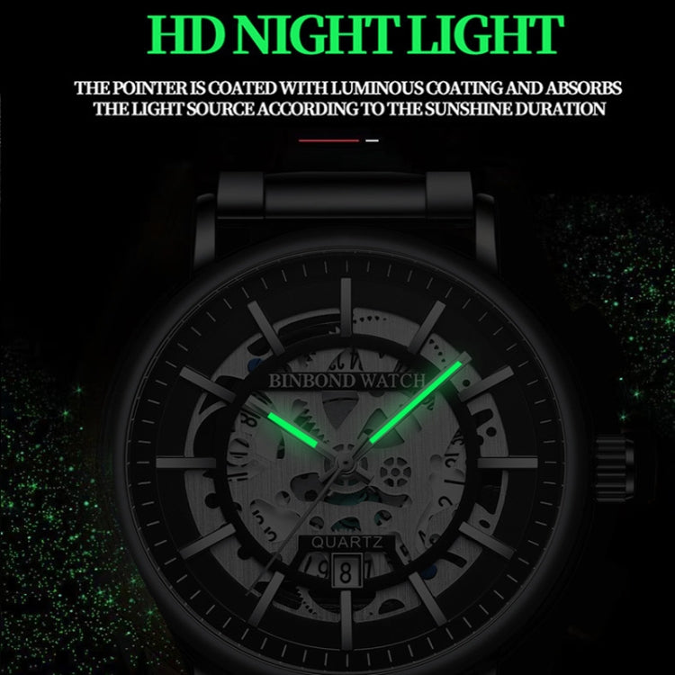Montre multifonction à quartz étanche avec cadran creux lumineux BINBOND B7872, acier noir-noir-blanc, acier blanc-noir-blanc, or complet-noir-or, cuir noir-noir-noir, cuir noir-blanc-noir, cuir noir-or complet-noir