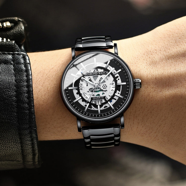 Montre multifonction à quartz étanche avec cadran creux lumineux BINBOND B7872, acier noir-noir-blanc, acier blanc-noir-blanc, or complet-noir-or, cuir noir-noir-noir, cuir noir-blanc-noir, cuir noir-or complet-noir