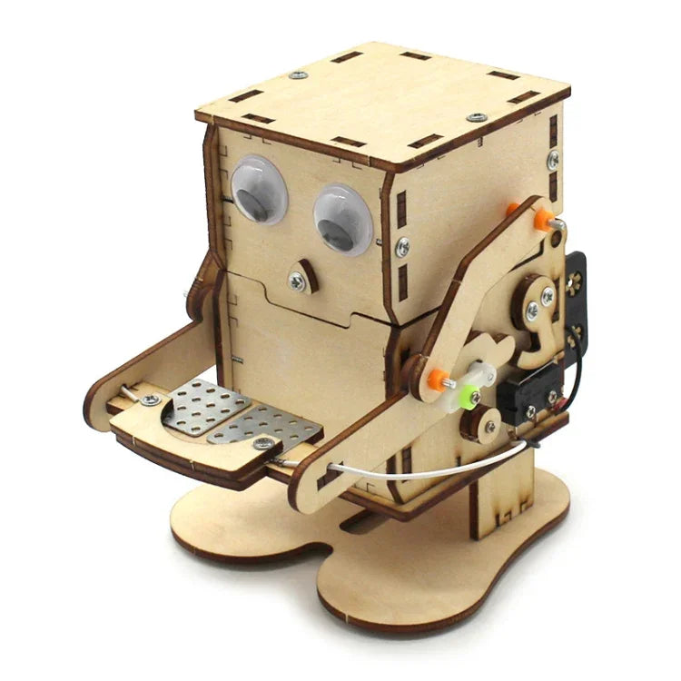 Robot mangeur de pièces de monnaie - Kit de bricolage scientifique éducatif pour enfants, en bois.