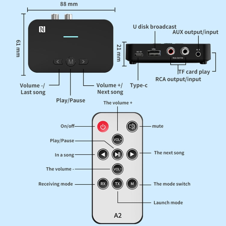 Émetteur-récepteur A2 NFC 5.1 Bluetooth U Disque/Carte TF/AUX/RCA, A2