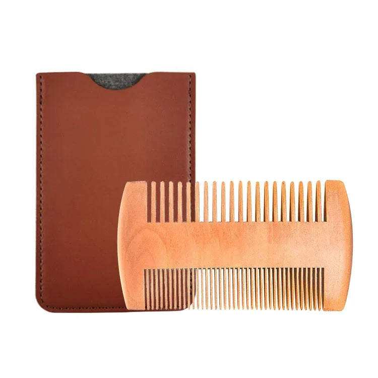 Peigne à barbe en bois TW-BC90, peigne à barbe double-face avec étui en cuir PU, en bois