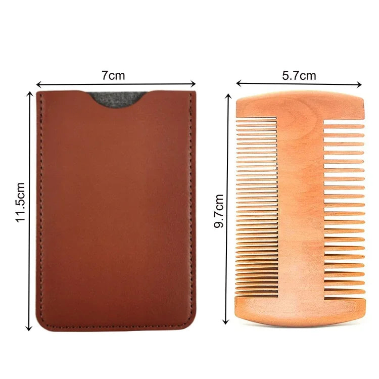 Peigne à barbe en bois TW-BC90, peigne à barbe double-face avec étui en cuir PU, en bois