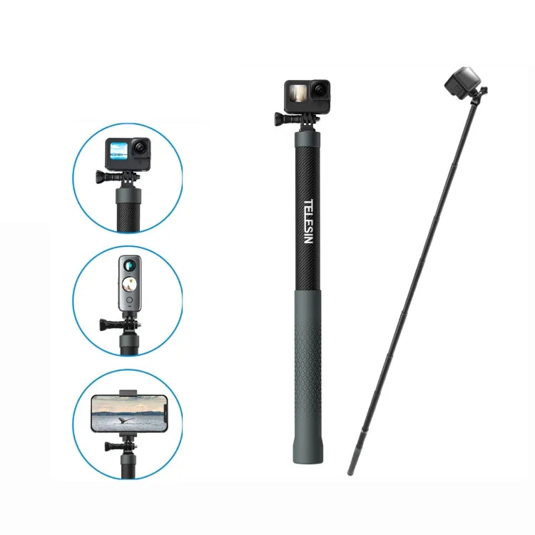 Perche à selfie monopode TELESIN 3M en fibre de carbone avec vis 1/4 pour caméra d'action, 3 m