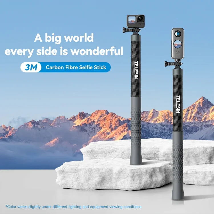 Perche à selfie monopode TELESIN 3M en fibre de carbone avec vis 1/4 pour caméra d'action, 3 m