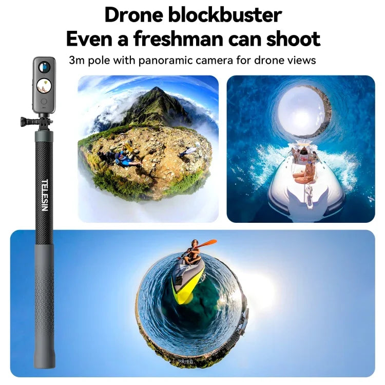 Perche à selfie monopode TELESIN 3M en fibre de carbone avec vis 1/4 pour caméra d'action, 3 m