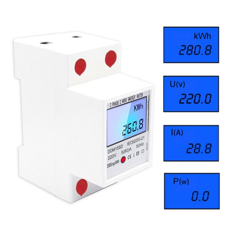 Compteur rail monophasé multifonction DDM15SD avec écran LCD rétroéclairé, 5 (20) A, 5 (32) A, 10 (40) A, 15 (60) A, 20 (80) A, 5 (80) A