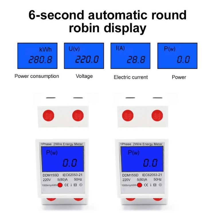 Compteur rail monophasé multifonction DDM15SD avec écran LCD rétroéclairé, 5 (20) A, 5 (32) A, 10 (40) A, 15 (60) A, 20 (80) A, 5 (80) A