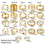 22 pièces/ensemble Bague ouverte articulée Cœur Papillon, 22 pièces/ensemble Or 7161, 22 pièces/ensemble Argent 6699