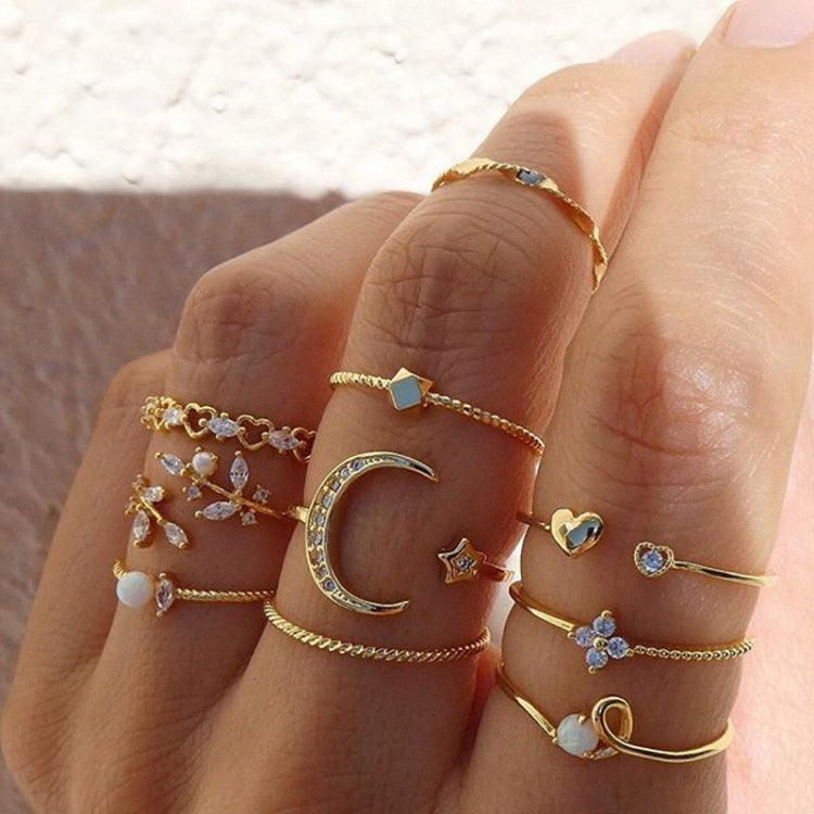 Bague de Phalange Lune Étoile Feuilles Cœur en Strass, 10 pièces/ensemble, 10 pièces/ensemble 5900