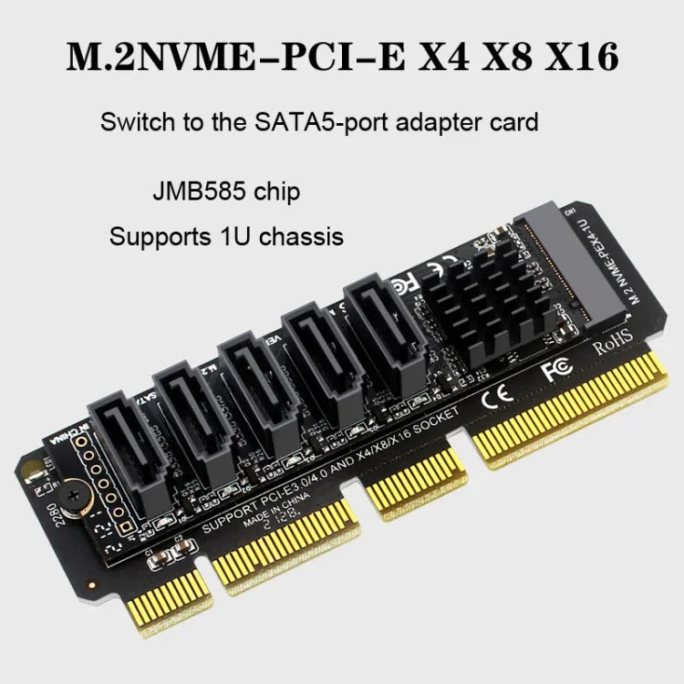Carte de transfert M.2 NVMe-PCIE X4/X8/X16 avec rotor SATA5 et puce JMB585