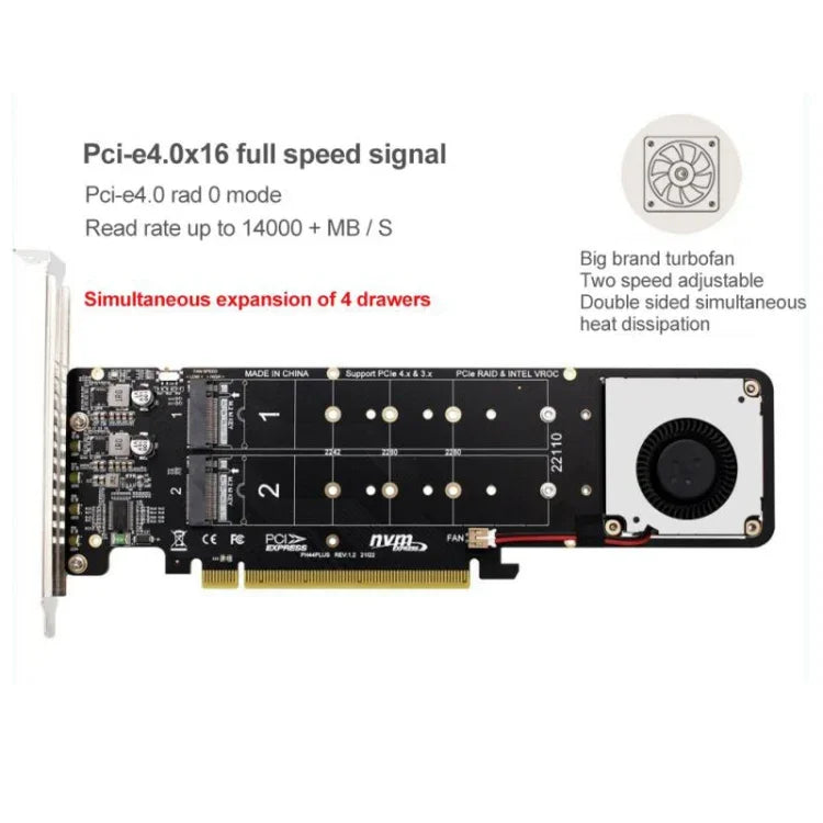 Adaptateur d'extension RAID SSD NVMe x4 PCI-E X16 vers M.2 à clé M, compatible 2242/2260/2280/22110, PH44Plus