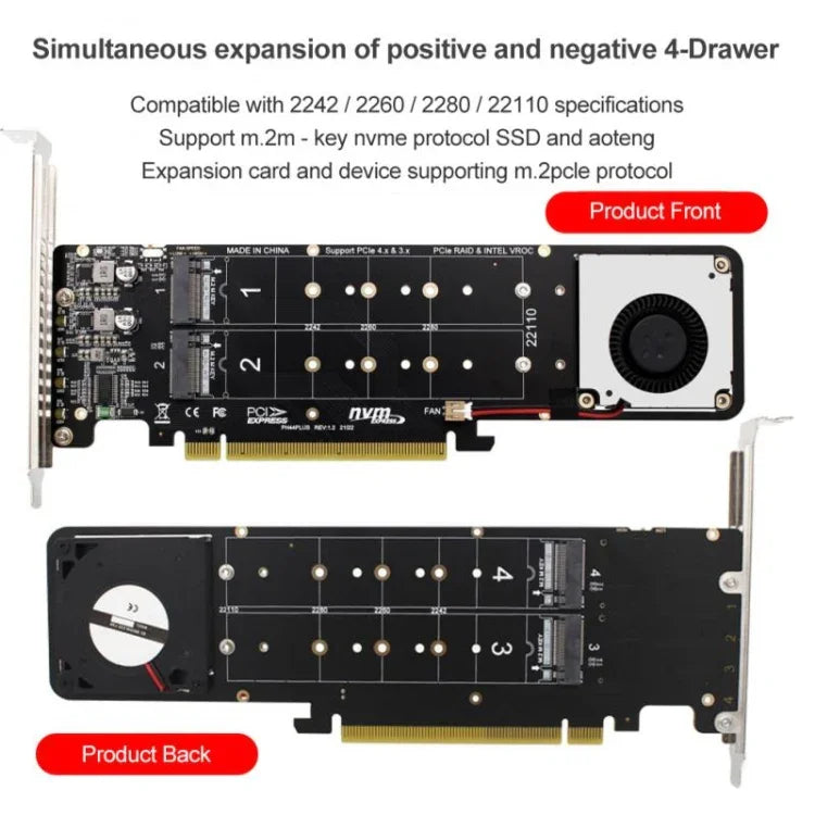Adaptateur d'extension RAID SSD NVMe x4 PCI-E X16 vers M.2 à clé M, compatible 2242/2260/2280/22110, PH44Plus