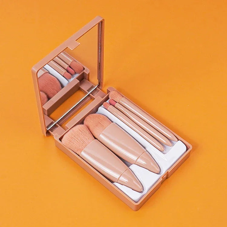 Ensemble de 5 pinceaux de maquillage portables moyens avec miroir, mini pinceaux de maquillage multifonctions, marron, rouge rosé, rose, vert fluorescent