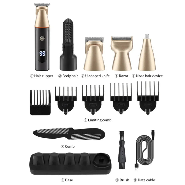Tondeuse 5 en 1 avec écran numérique, lavable, tondeuse nez, ciseaux électriques, kit LK-881 5 en 1 (argent)