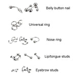 85 pièces de bijoux de piercing, clous de lèvre, clous de sourcil, clous de nez en acier inoxydable